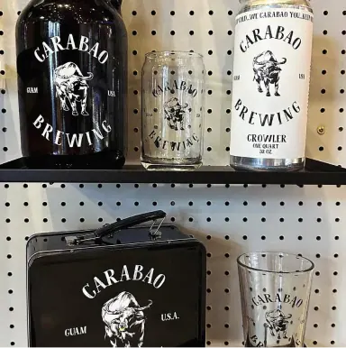 Carabao growler, glass and crowler on the merch shelf