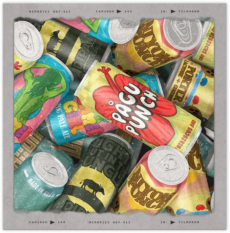 A pile of colorful Carabao beer cans